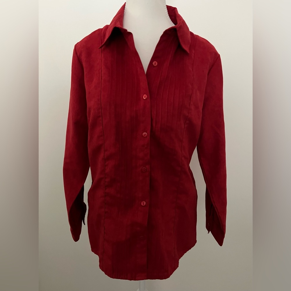 Laura Scott Faux Suede Red Button Down Shirt Size Petite L